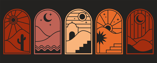 Wall Mural - boho logo with desert mountains and cactus. bohemian vector minimal illustration. abstract windows w