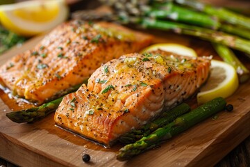 Poster - Salmon and asparagus on wood table