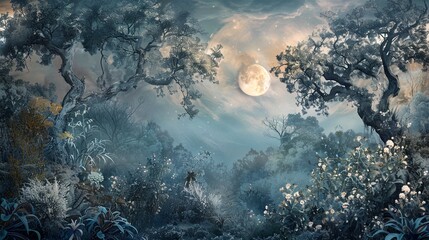 Wall Mural - A forest with a full moon in the sky