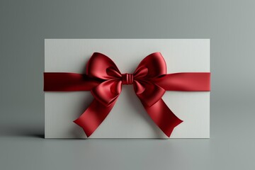 Blank red gift card with red ribbon bow isolated on grey background with shadow minimal conceptual 3D rendering, Generative AI