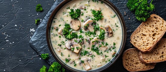 Wall Mural - A bowl of mushroom soup sits on a table with a bunch of parsley