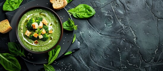 Poster - A bowl of soup with broccoli and bread on a black plate