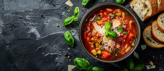 Poster - A bowl of soup with a side of bread and a bunch of basil