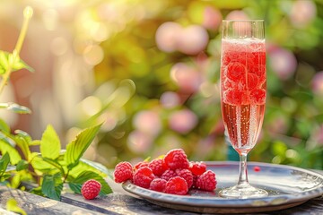 Poster - A glass of champagne with a bunch of raspberries on a plate