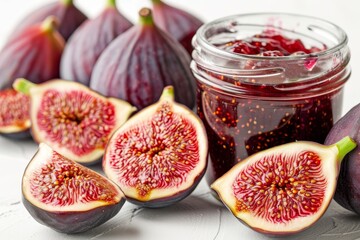 Sticker - Selective focus shot of fig jam in a glass jar on a white table It is versatile for spreading on bread or filling cakes