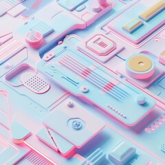 Japanese tech lines flat design top view sleek interface 3D render colored pastel