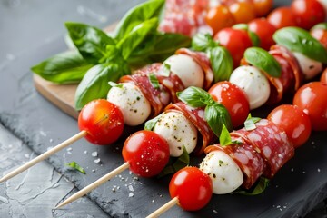 Poster - Skewered antipasto with tomatoes salami mozzarella and basil