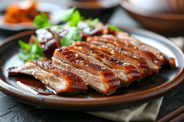 Sliced Chinese style roast duck on a plate