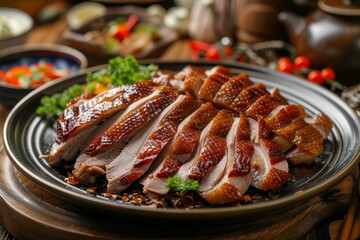 Canvas Print - Sliced pork ham with knife and roasted vegetables on rustic background top view