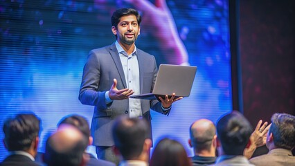 business conference stage: indian tech startup ceo presents firm's newest product, he's holding lapt