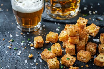 Wall Mural - Spiced beer appetizer served on a black backdrop with crunchy croutons