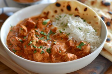 Canvas Print - Spicy chicken rice and naan in Indian curry