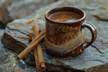 Wall Mural - Spicy hot chocolate with cinnamon in an enamel mug set on a slate or stone background