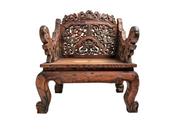 An antique wooden armchair with brown upholstery isolated on a white background