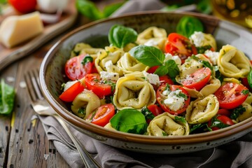 Wall Mural - Spinach ricotta tortellini salad with mozzarella tomatoes and basil