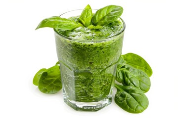 Poster - Spinach smoothie made at home close up on white background focused