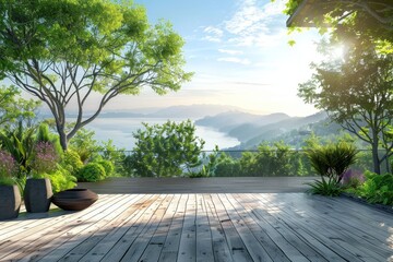 Wall Mural - Sunny day with wooden terrace and scenery