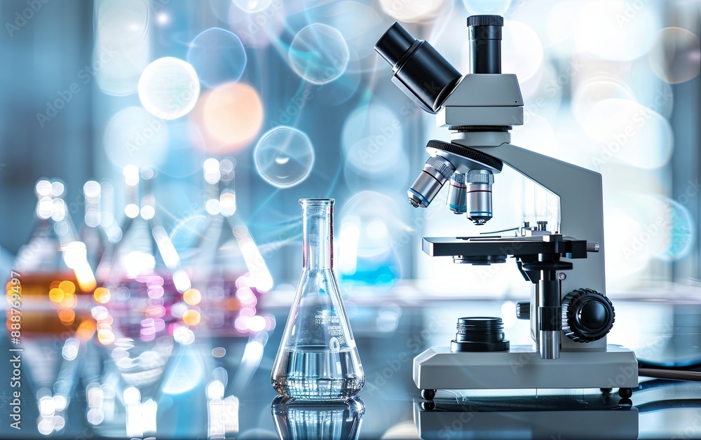 microscope with lab glassware, science laboratory research and ...