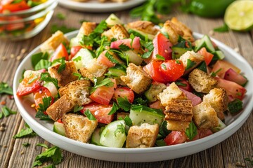 Sticker - Tasty Arab salad with pita croutons veggies herbs Middle Eastern bread salad simple and nutritious