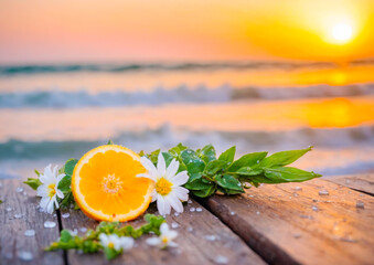 Wall Mural - Orange Slice and Flowers on Wooden Dock at Sunset.