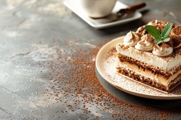 Canvas Print - Tasty cocoa tiramisu on grey table text space available