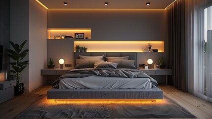 Wall Mural - Modern Bedroom Interior Design with Warm Lighting