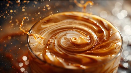 Detailed close-up of a swirling coffee with a splash effect, highlighting the rich, creamy textures and dynamic motion.