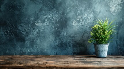 Sticker - A Rustic Tabletop with a Greenery Pot Against a Blue Wall