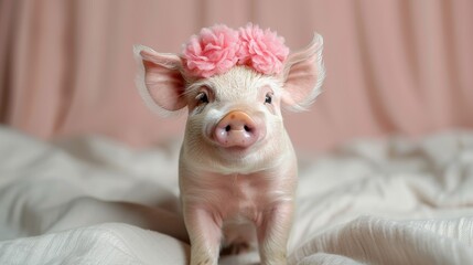 Wall Mural - Adorable Baby Piglet with Pink Flower Crown on Soft White Blanket Against Blush Pink Background