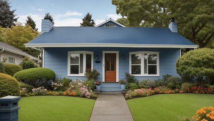  a small, blue house with a brown door, a lawn, and a walkway. There are bushes and flowers in front of the house. 