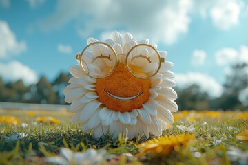 Sticker - Cheerful Daisy with Glasses Smiling in a Sunny Meadow with Blue Sky and Fluffy Clouds