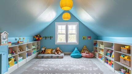 Sticker - Playroom with Blue Walls and Built-in Shelving