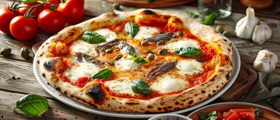 Canvas Print - Tasty Italian pizza with mozzarella tomato sauce anchovies capers