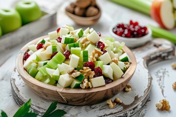 Sticker - Tasty Waldorf Salad with apple walnut celery cheese and cranberries on white background