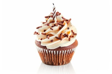 Canvas Print - Tasty white cupcake with candle alone