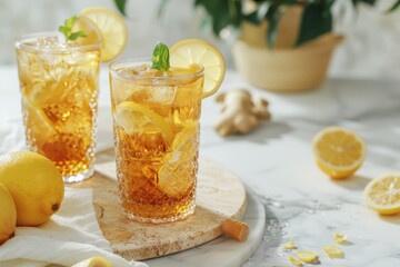 Canvas Print - Text space available for homemade iced lemon ginger tea in glasses