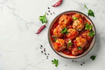 Canvas Print - Top down perspective of meatballs in tomato sauce in a bowl on a white stone surface