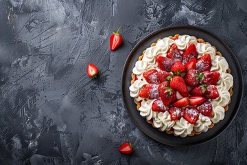 Poster - Top down view of tasty strawberry tart with mascarpone and whipped cream on dark concrete surface Ample room for text