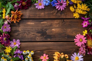 Wall Mural - Top view of a vibrant flower arrangement on wooden surface