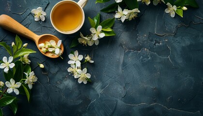 Sticker - Top view of fresh flowers old scoop and Jasmine tea on dark stone background