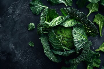 Wall Mural - Top view of fresh green cabbage on dark background selective focus