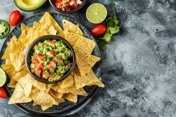 Poster - Top view of homemade guacamole and nachos with space for copy