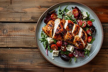 Poster - Top view of homemade organic Greek salad and roasted chicken on wooden table with copy space Healthy meal