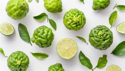 Poster - Top view of isolated bergamot fruits or kaffir lime on white background Flat lay