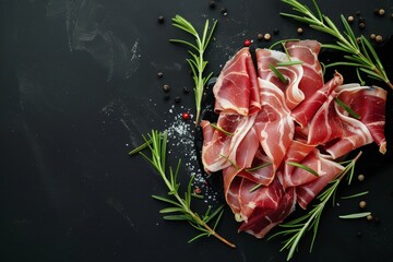 Sticker - Top view of prosciutto and rosemary on black background