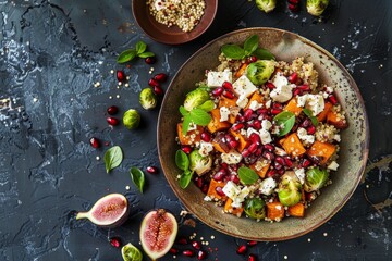 Sticker - Top view of quinoa salad with baked vegetables figs feta cheese and pomegranate in autumn