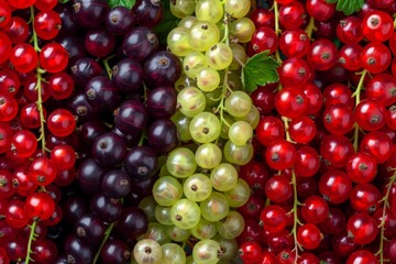 Poster - Top view of various fresh ripe currants as a background