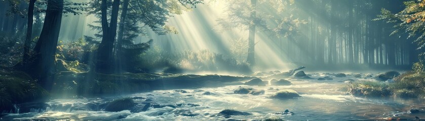 Wall Mural - Sunbeams Through Misty Forest