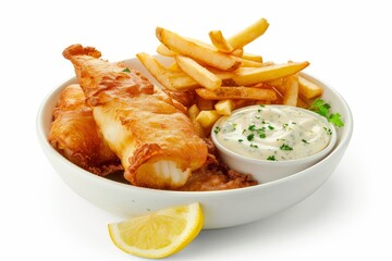 Poster - Traditional British fish and chips served in a ceramic dish on a white background consisting of deep fried cod fries lemon and tartar sauce