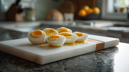 Cutting hard boiled eggs in a shape of a loaf on a white cutting board